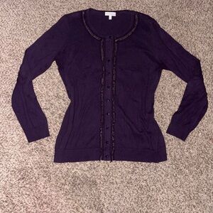 Dark Purple cardigan with rhinestone buttons and frilly lace trim